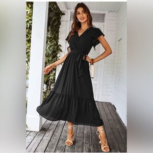 Pretty Garden Elegant Black Crepe Ruffle Sleeve Dress